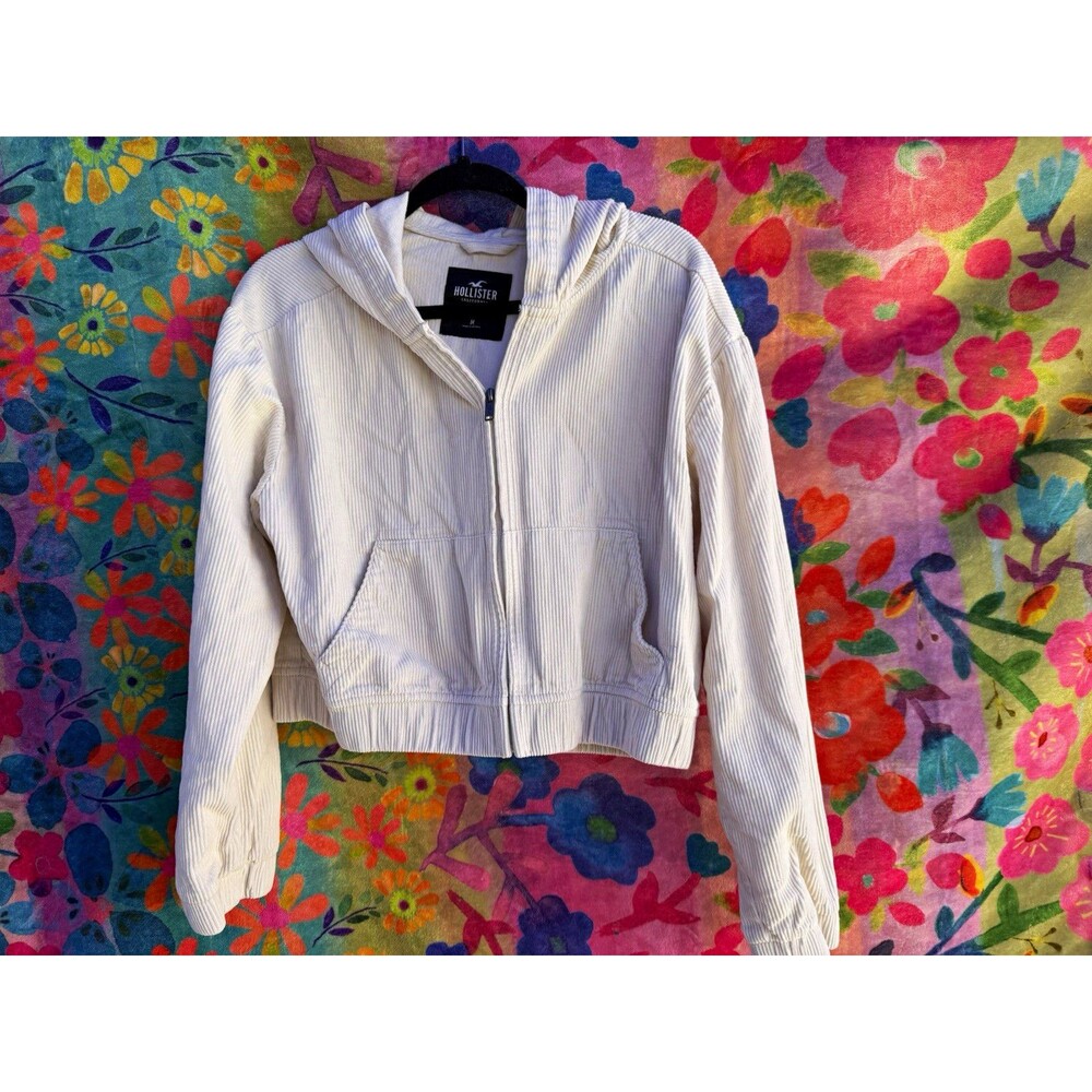 Hollister California Womenβs Corduroy Full Zip Hoodie Pockets White M